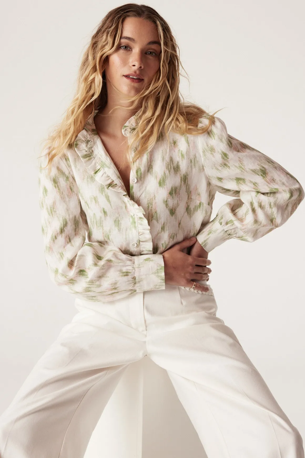 Adeline Linen Frill Blouse - Ikat Print