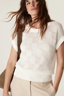 Checkerboard Knit Top - White