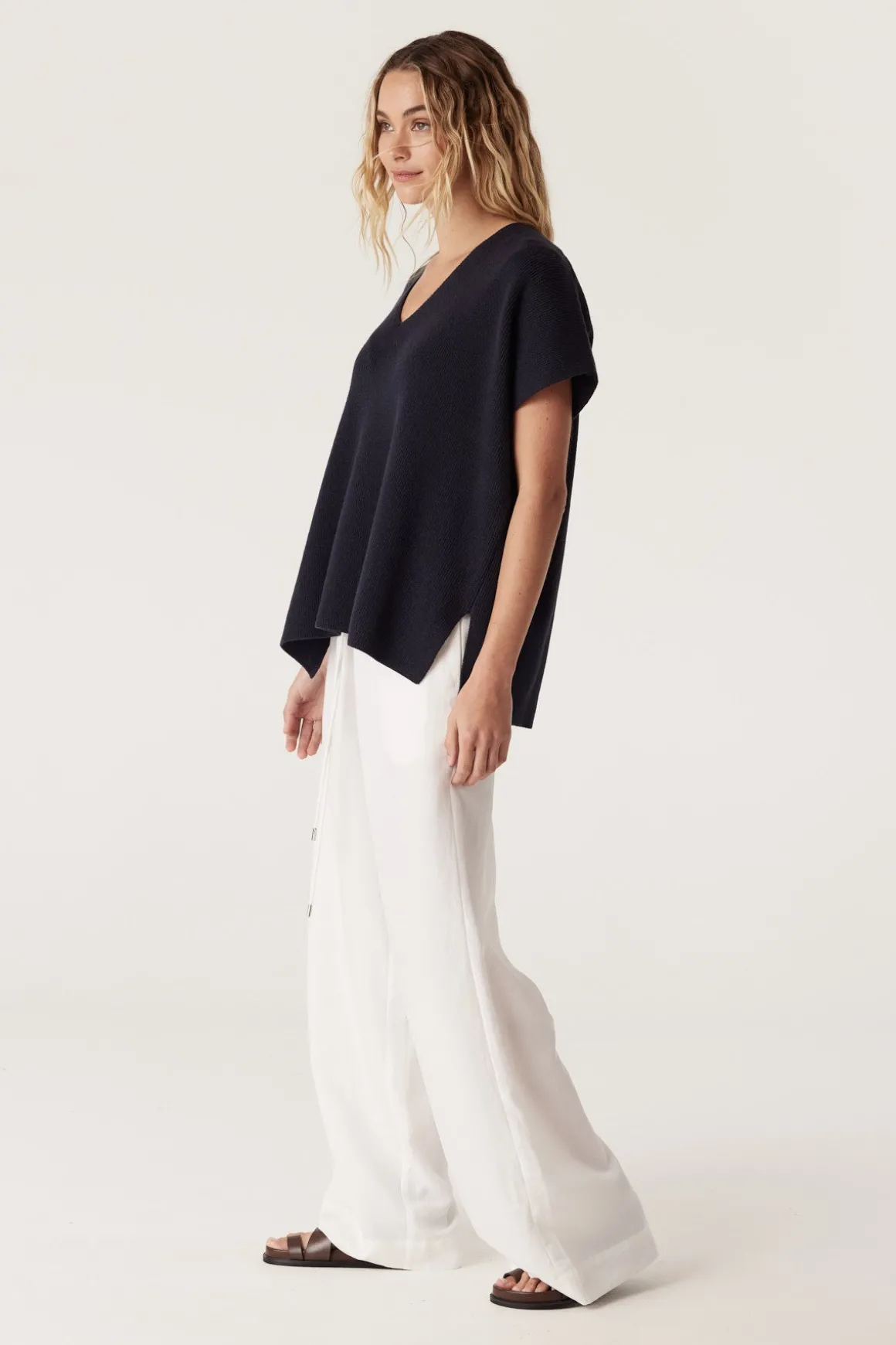 Flax V Neck Top - Navy