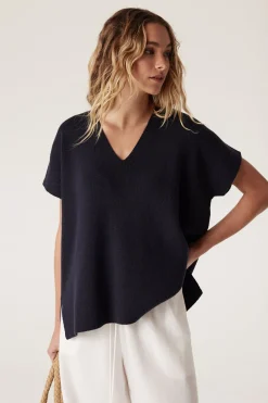 Flax V Neck Top - Navy