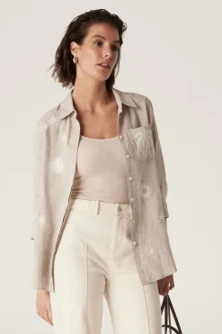 Palm Linen Embroidered Shirt - Natural Marle