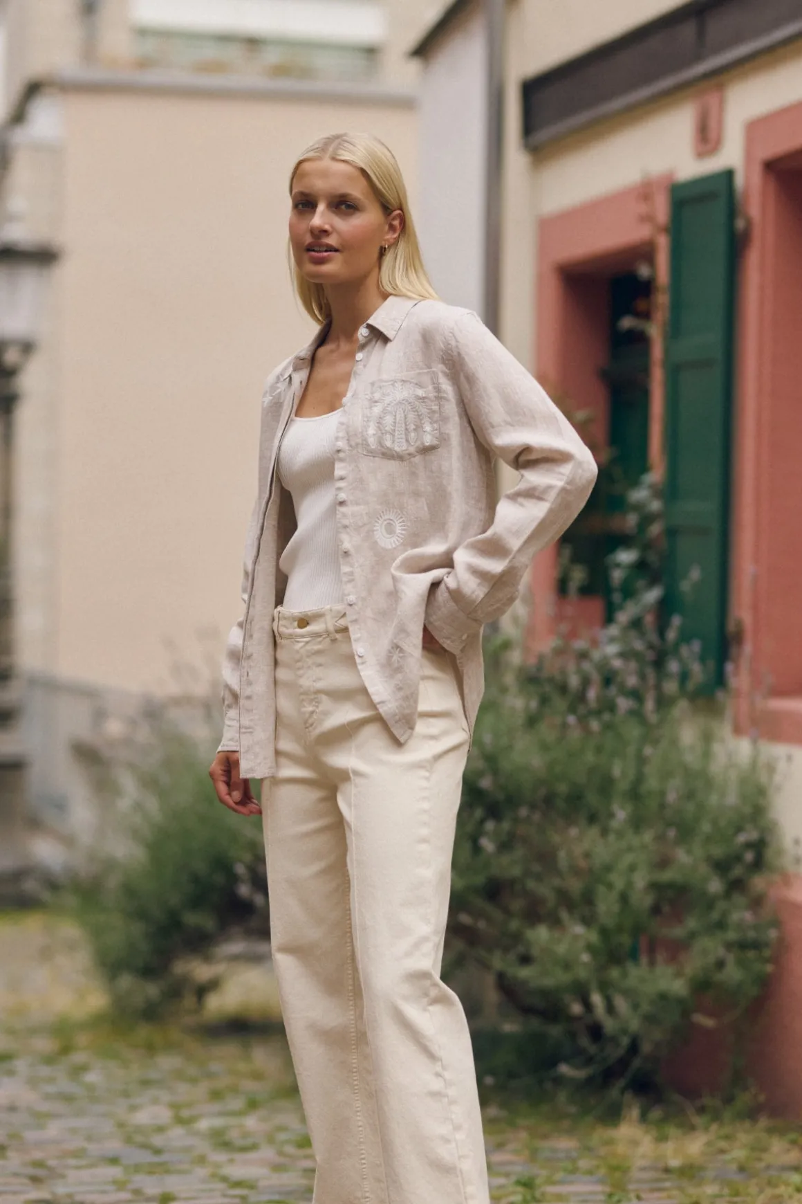 Palm Linen Embroidered Shirt - Natural Marle