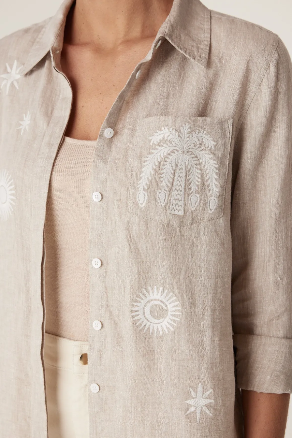 Palm Linen Embroidered Shirt - Natural Marle
