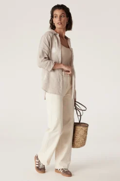 Palm Linen Embroidered Shirt - Natural Marle