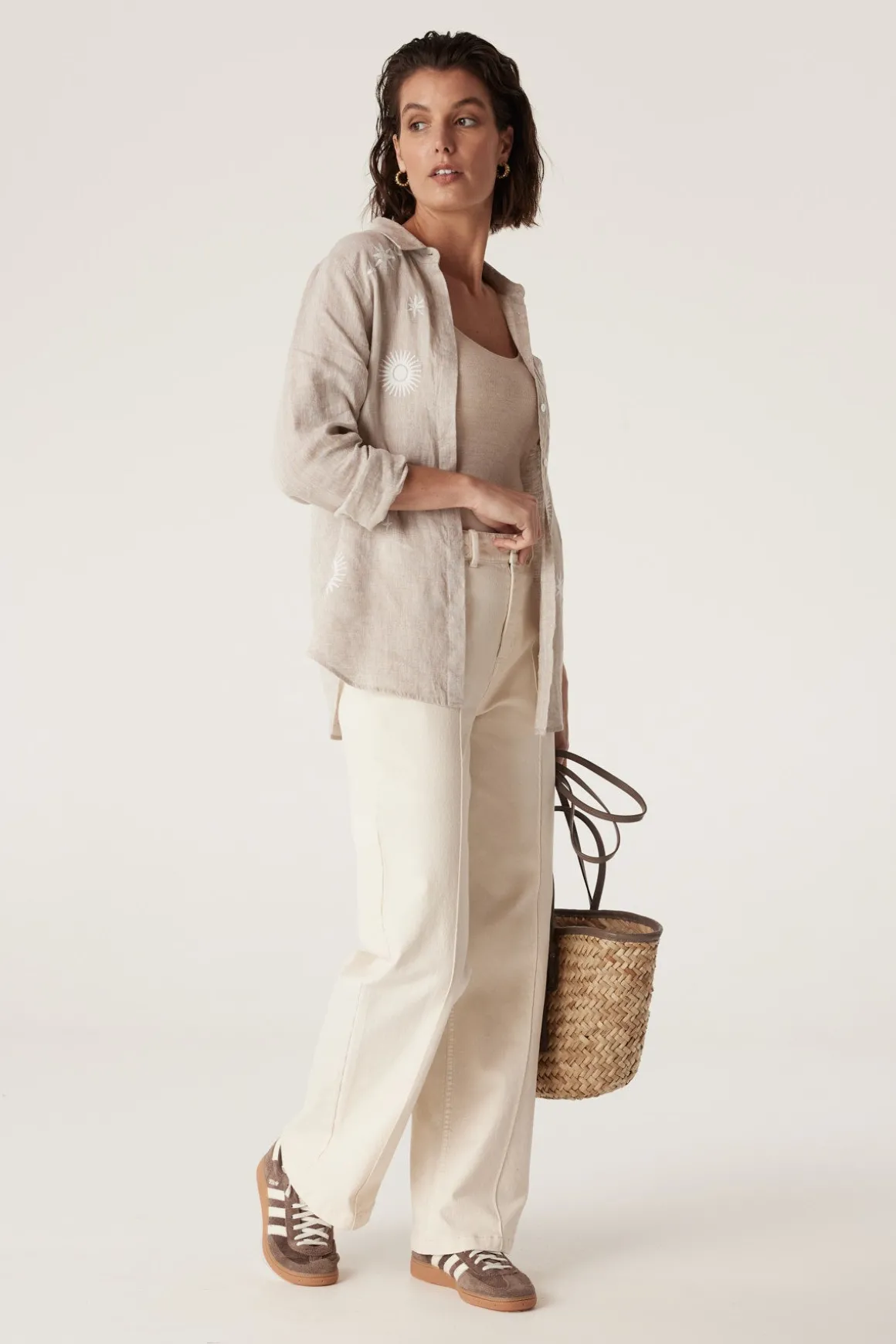 Palm Linen Embroidered Shirt - Natural Marle