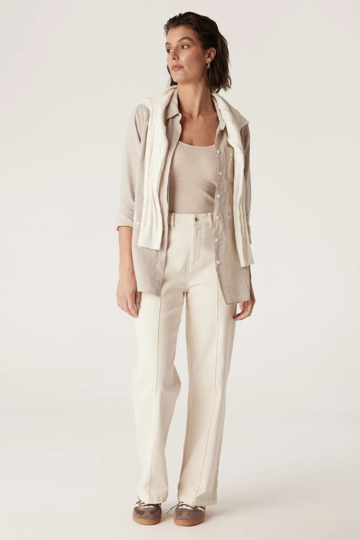 Palm Linen Embroidered Shirt - Natural Marle