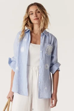 Palm Linen Embroidered Shirt - Blue Marle