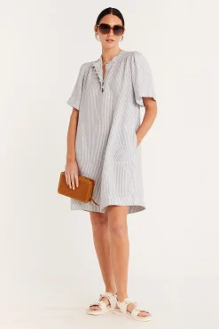 Pure Linen Dress - Blue Stripe
