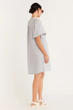 Pure Linen Dress - Blue Stripe