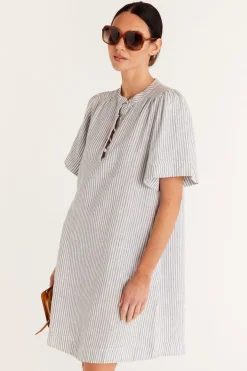 Pure Linen Dress - Blue Stripe